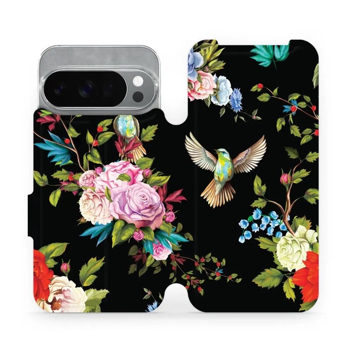 Husa flip Mobiwear pentru Google Pixel 10 Pro, design flori, rezistent la socuri si zgarieturi, multicolor