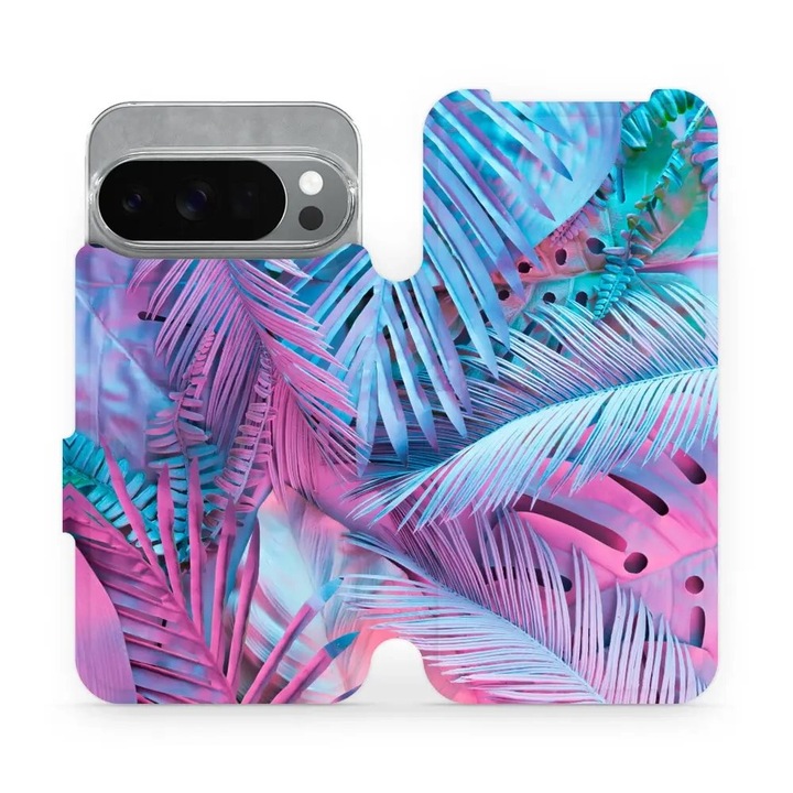 Husa flip Mobiwear pentru Google Pixel 10 Pro, violet cu flori, rezistenta la socuri si zgarieturi