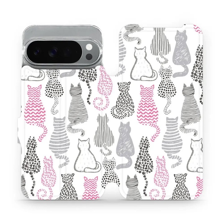 Husa flip Mobiwear pentru Google Pixel 10 Pro XL, design pisici, rezistenta la socuri si zgarieturi, alb