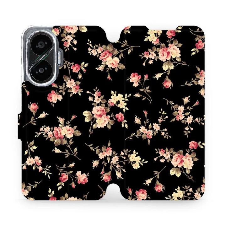 Husa flip Mobiwear pentru Xiaomi Poco F7, design flori pe fundal negru, rezistent la socuri si zgarieturi, dimensiuni 10x15x22cm