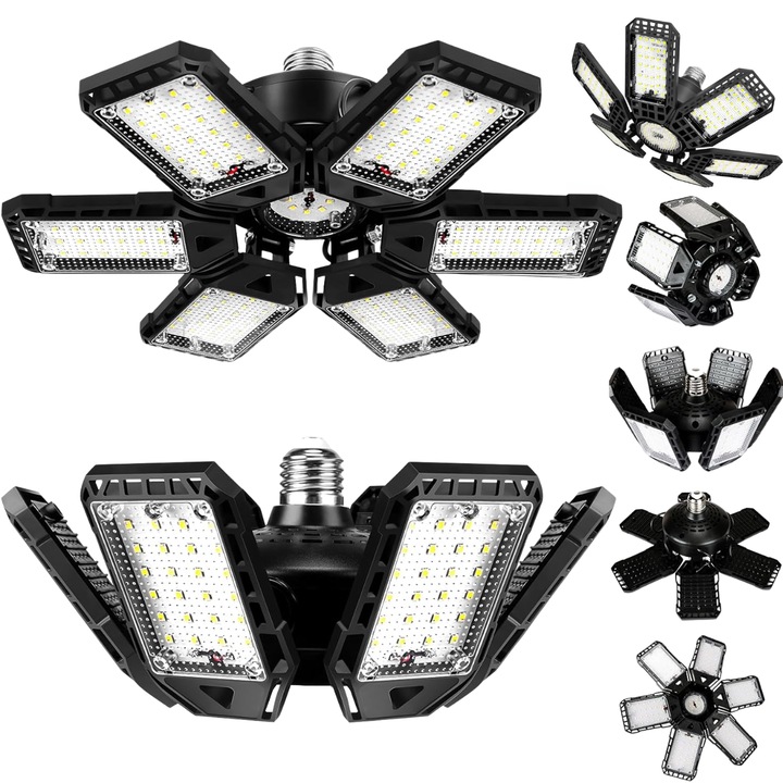 Lampa LED cu 6 brate mobile ajustabile + 1 Spatiu led Fix, VisionHub®, putere 200W, Bec Iluminare pentru interior Garaj/Depozit/Atelier, 6 aripi Pliabile cu 248 LED-uri, flux luminos 20000lm, lumina alba 6000K-6500k