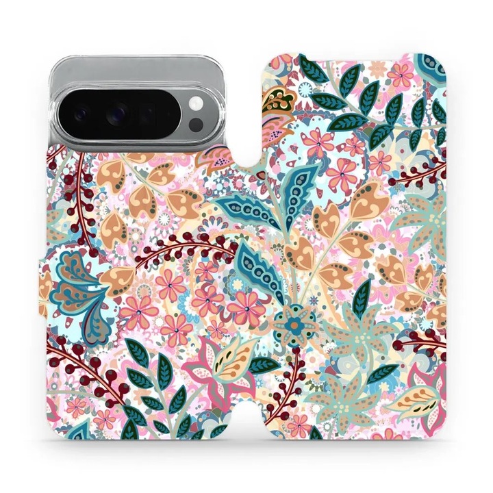 Husa flip Mobiwear pentru Google Pixel 10 Pro XL, design floral, rezistent la socuri si zgarieturi, multicolor