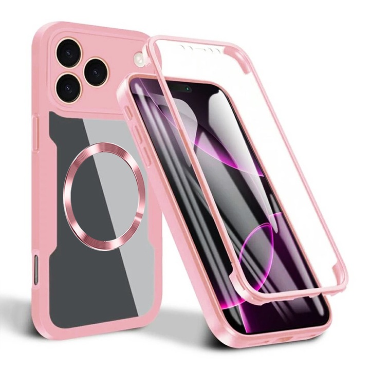 Carcasa Stef's Cat pentru iPhone 17 Pro Max, Transparentă, Antiderapantă, Roz, Set cu folie