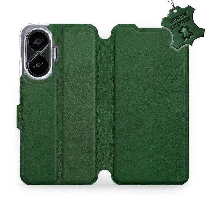 Husa flip din piele naturala pentru Xiaomi Poco F7, verde, cu suport, inchidere magnetica