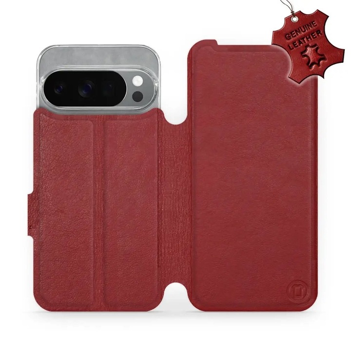 Husa flip din piele naturala pentru Google Pixel 10 Pro, rosie, cu suport, inchidere magnetica