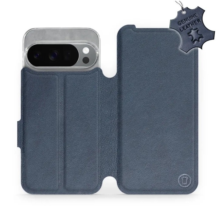 Husa flip din piele naturala Mobiwear pentru Google Pixel 10 Pro, albastra, cu suport si inchidere magnetica