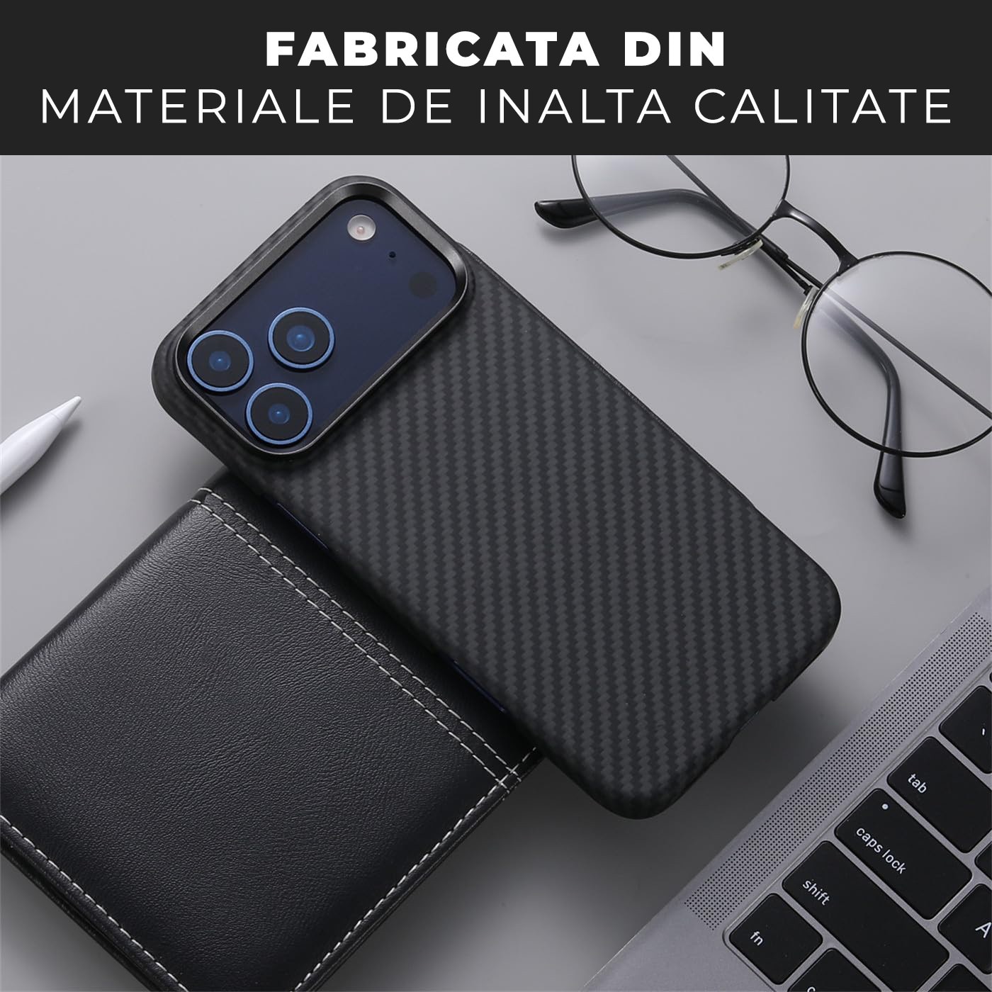 Husa din fibra de aramida/Kevlar pentru iPhone 17 Pro Max Daden®, MagSafe Integrat, Protectie Antisoc, Camera Ultra Safe, Negru