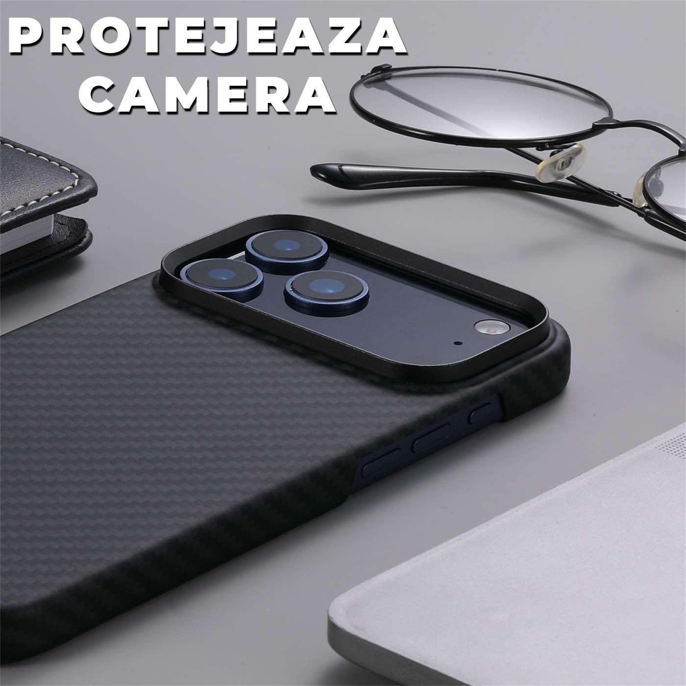 Husa din fibra de aramida/Kevlar pentru iPhone 17 Pro Max Daden®, MagSafe Integrat, Protectie Antisoc, Camera Ultra Safe, Negru