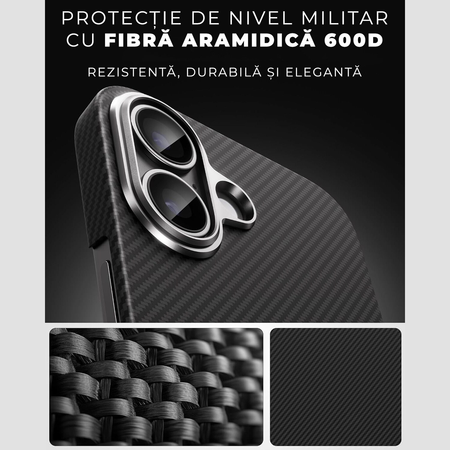 Husa din fibra de aramida/Kevlar pentru iPhone 17 Daden®, MagSafe Integrat, Protectie Antisoc, Camera Ultra Safe, Negru