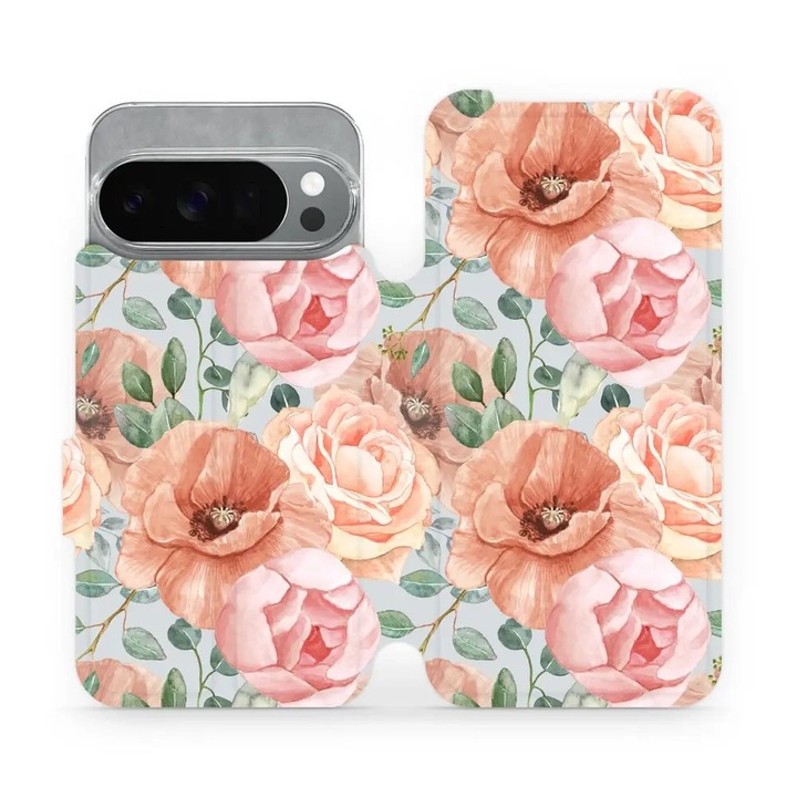 Husa flip Mobiwear pentru Google Pixel 10 Pro, design flori, rezistenta la socuri si zgarieturi, multicolor