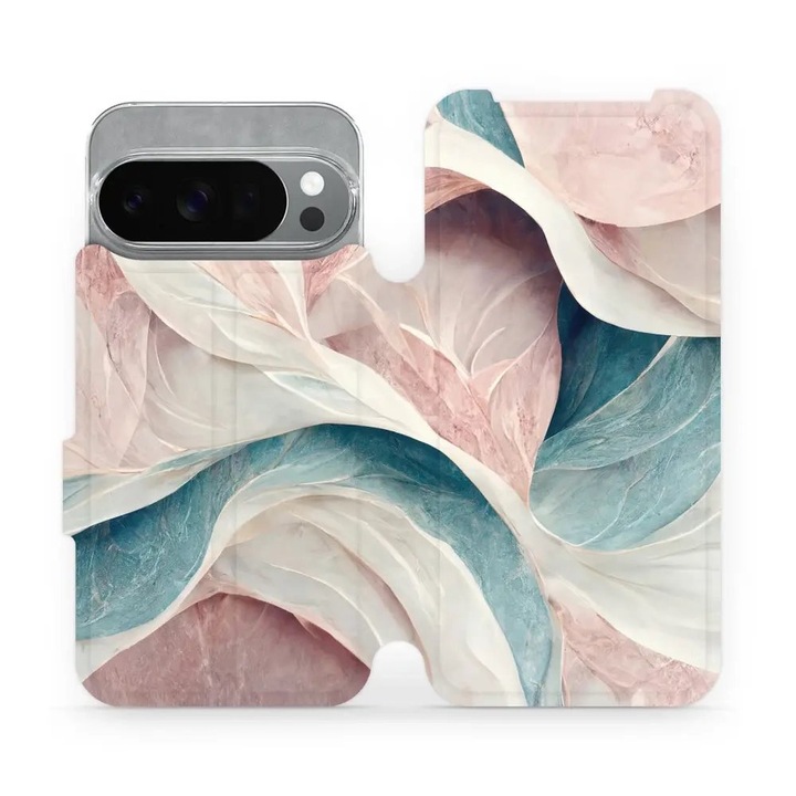 Husa flip Mobiwear pentru Google Pixel 10 Pro, marmorata roz si verde, rezistenta la socuri si zgarieturi, material din piele ecologica