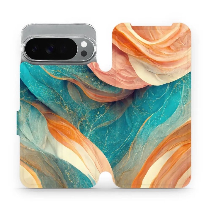 Husa flip Mobiwear pentru Google Pixel 10 Pro XL, marmorata multicolor, rezistenta la socuri si zgarieturi