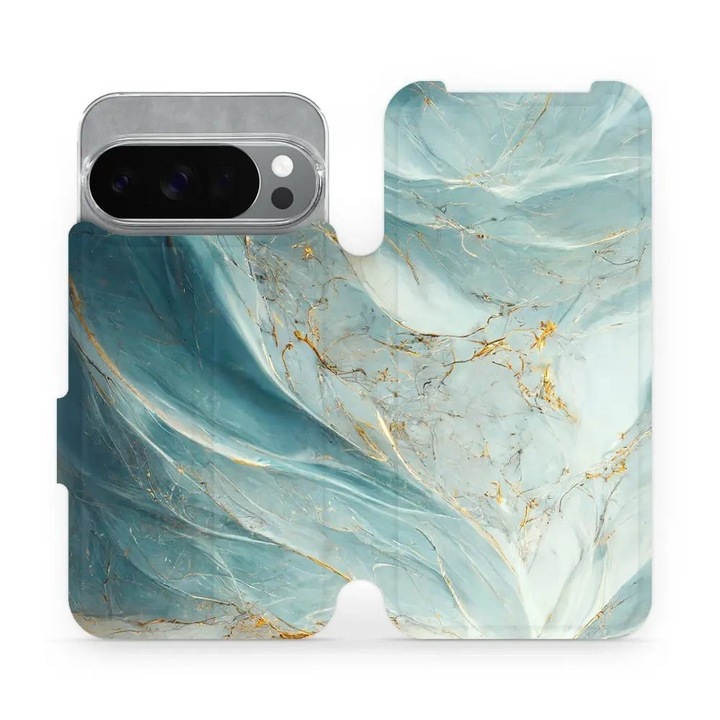 Husa flip Mobiwear pentru Google Pixel 10 Pro, design marmorat verde si auriu, rezistenta la socuri si zgarieturi, material din piele ecologica