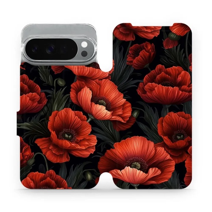 Husa flip Mobiwear pentru Google Pixel 10 Pro XL, rosie cu flori, rezistenta la socuri si zgarieturi