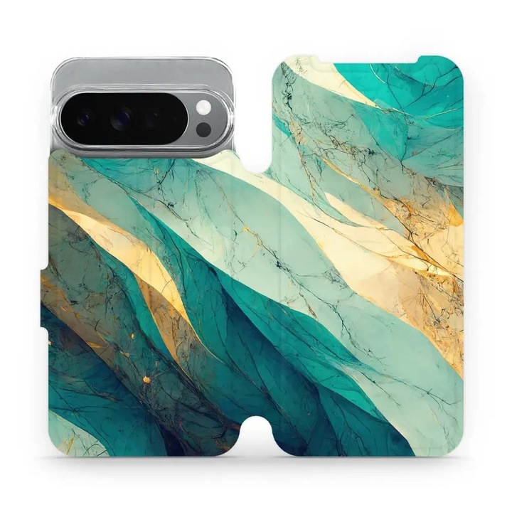 Husa flip Mobiwear pentru Google Pixel 10 Pro XL, mramor verde si auriu, rezistenta la socuri si zgarieturi