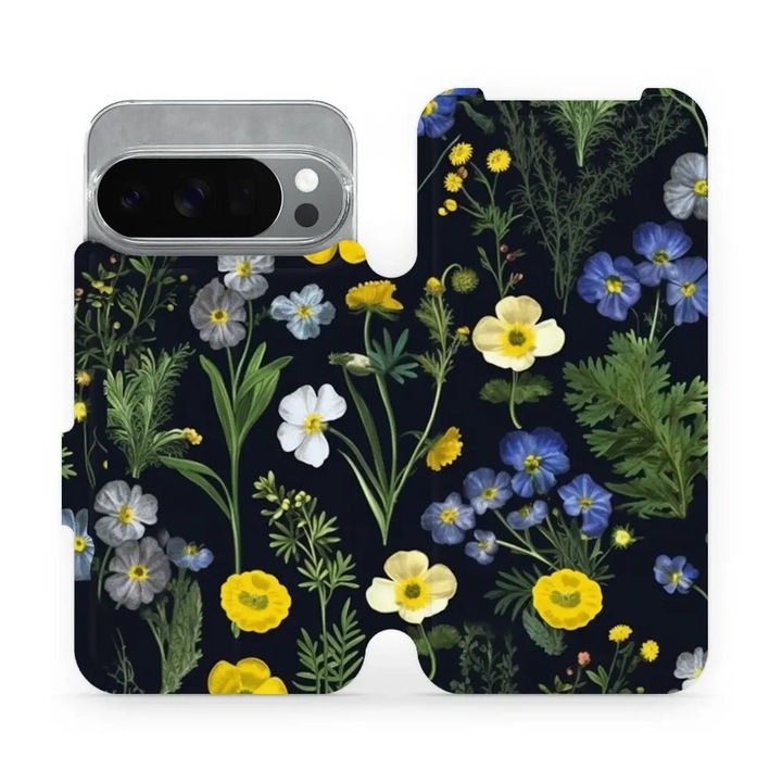 Husa flip Mobiwear pentru Google Pixel 10 Pro, design elegant cu flori, neagra, material din piele ecologica