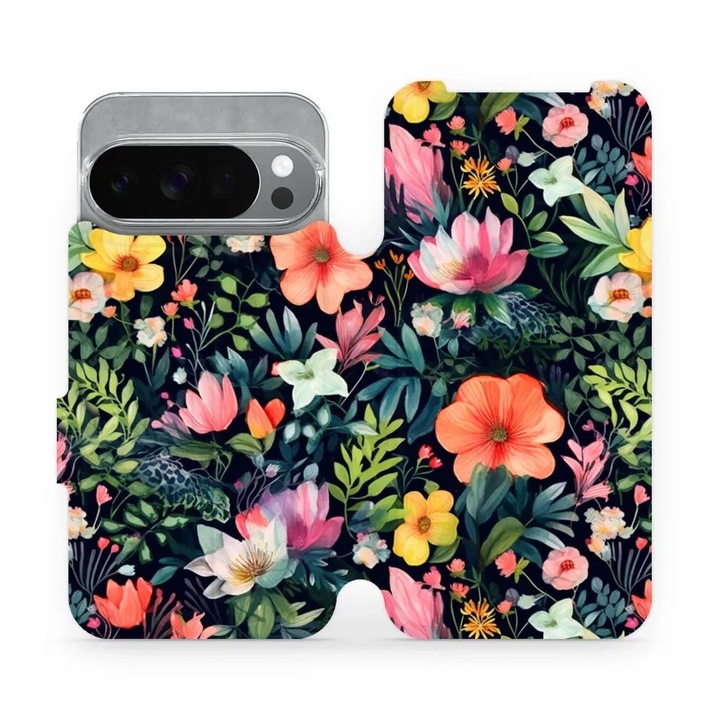 Husa flip Mobiwear pentru Google Pixel 10 Pro, design flori, rezistenta la socuri si zgarieturi, multicolor