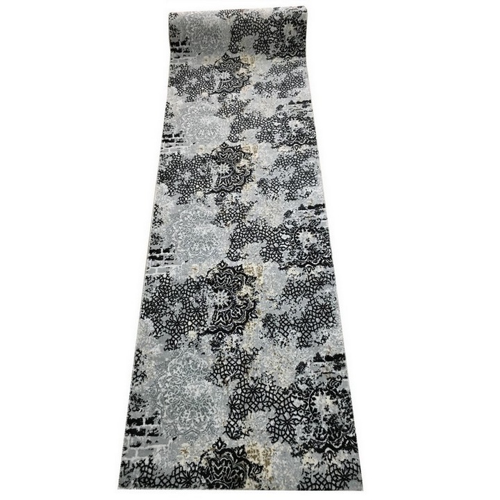 Traversa Antiderapanta Gri cu Negru, Vintage, Poliester, 60 x 320 cm