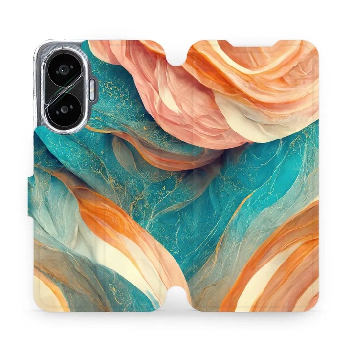 Husa flip Mobiwear pentru Xiaomi Poco F7, marmora azurie si portocalie, rezistenta la socuri si zgarieturi, multicolor