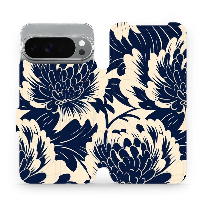 Husa flip Mobiwear pentru Google Pixel 10 Pro XL, design floral, albastru, material ecologic