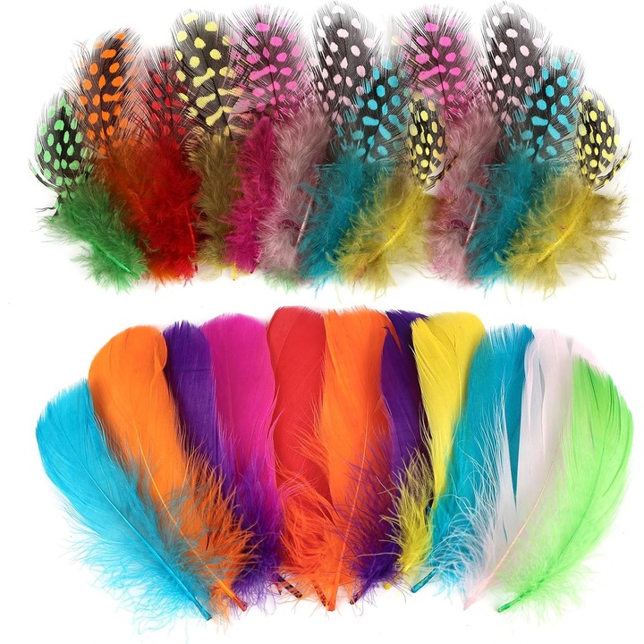 Set 300 pene decorative colorate pentru mestesuguri, bricolaj, 8-12 cm, pene naturale de gasca, pentru ornamente, decor, proiecte creative