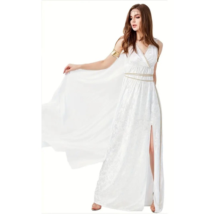 Costum elegant Cleopatra pentru Halloween, rochie lunga, pelerina voal, marimea S