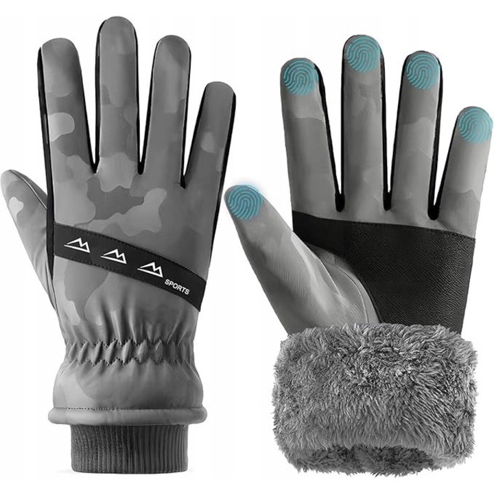 Vízálló síkesztyű, L, szürke + fekete, érintőképernyő funkcióval, csúszásgátló