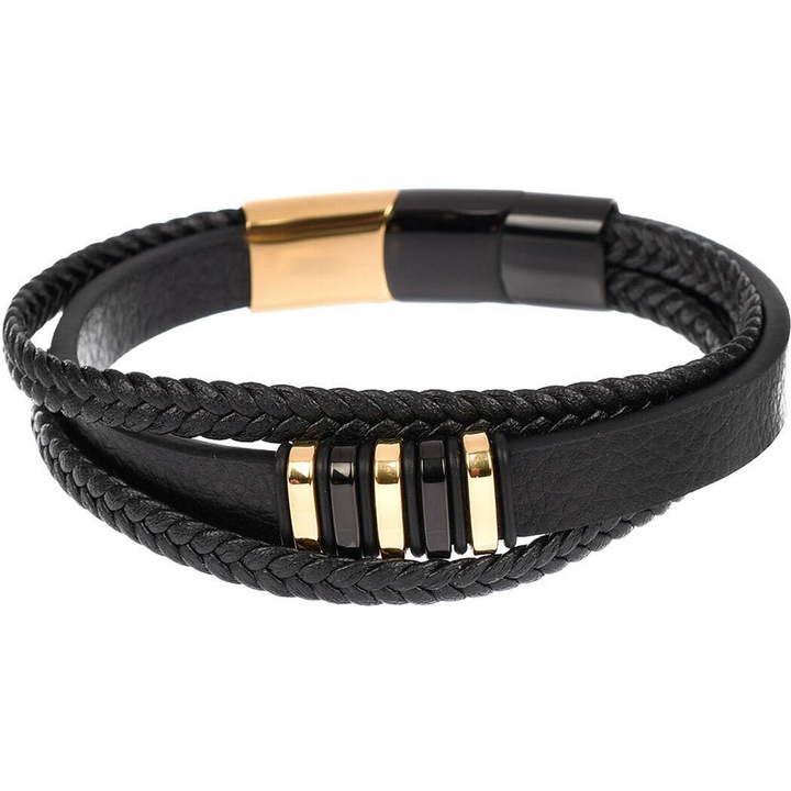 Pacific karkötő, fekete bőr karkötő, acél részletek, eredetiségi tanúsítvány