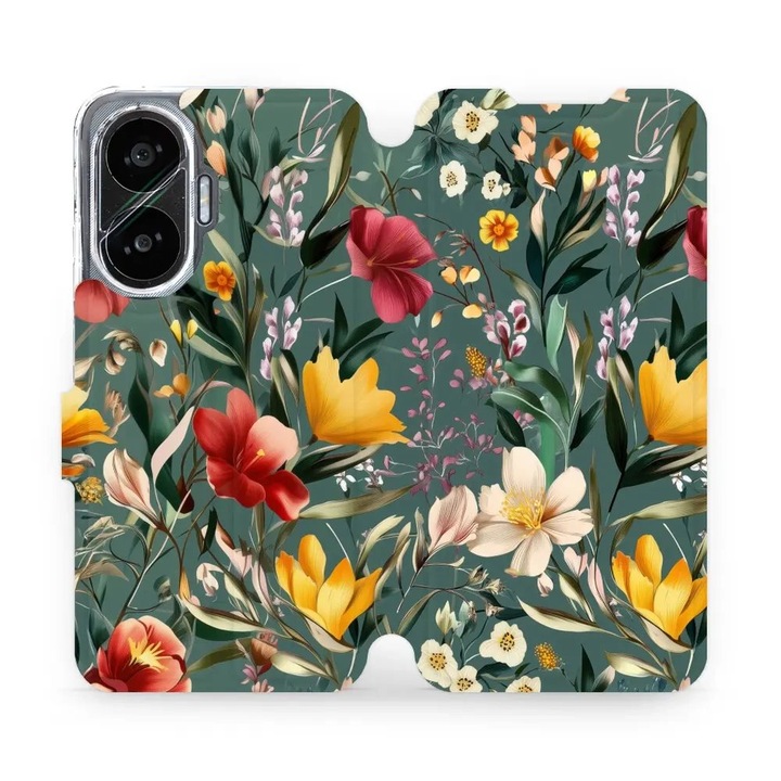 Husa flip Mobiwear pentru Xiaomi Poco F7, design floral, rezistent la socuri, verde
