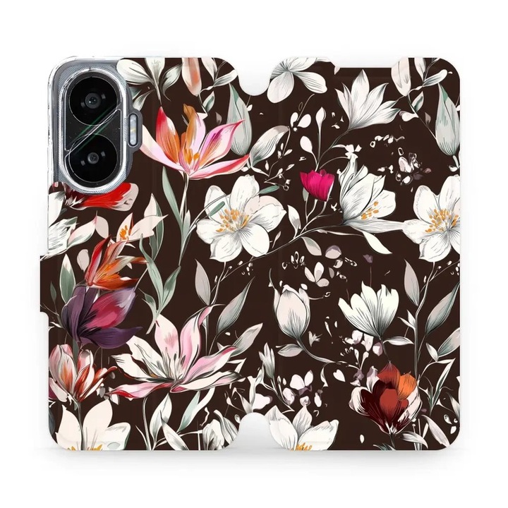 Husa flip Mobiwear pentru Xiaomi Poco F7, design flori pe fond maro, rezistenta la socuri si zgarieturi, fabricata din piele ecologica