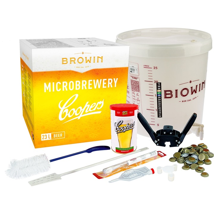 Комплект за бира Browin Mikrobrowar 1, съд за ферментация 30л, Лагер Coopers, пълни аксесоари, за домашно приготвяне на бира