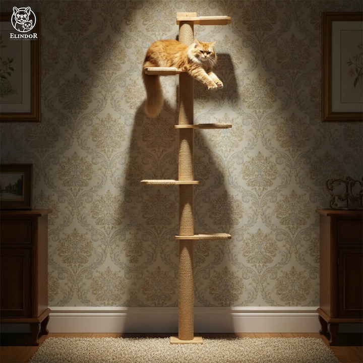Комплект за игра Elindor® за котки, с 5 нива, стълб за драскане от сизал, стълб за точене на нокти и катерене, дървена основа, аксесоари за домашни любимци, лесен монтаж, 19 x 16.5 x 206 см, Бежов / Кафяв
