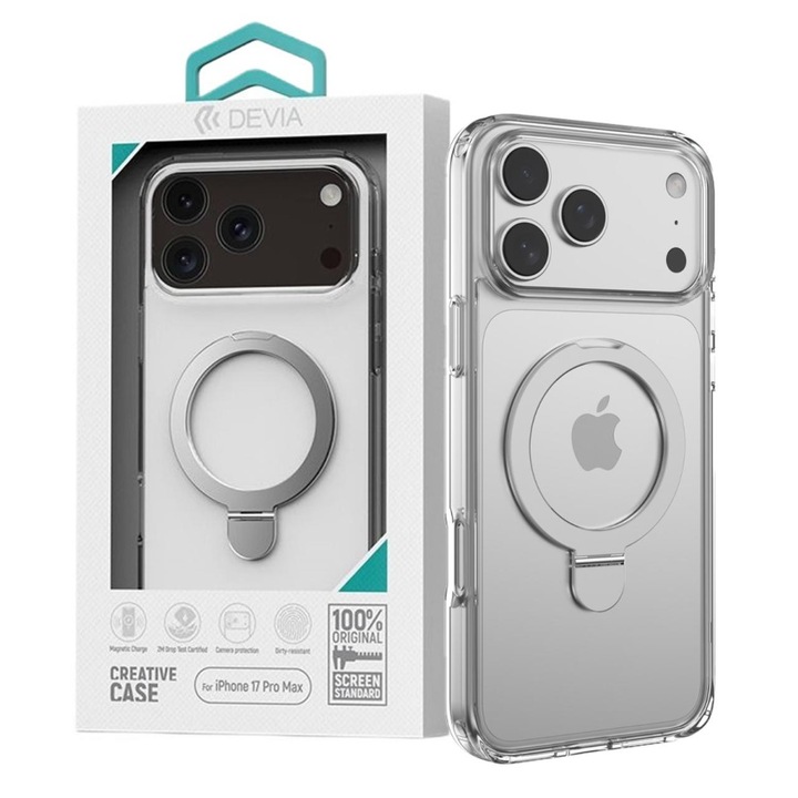 Devia Clean Series Mágneses Ütésálló Tok, iPhone 17 Pro Max kompatibilis, átlátszó, állvánnyal