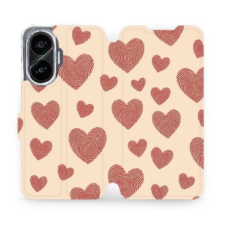 Husa flip Mobiwear pentru Xiaomi Poco F7, design cu inimioare, rezistenta la socuri si zgarieturi, bej