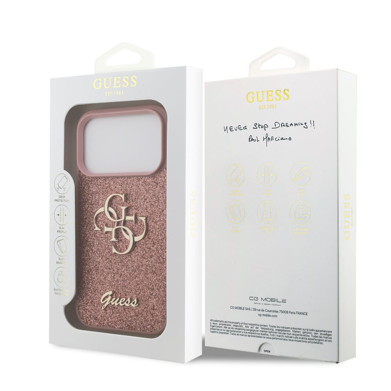 Husa pentru iPhone 17 Pro Max - Guess Fixed Glitter Big 4G (GUHCP17XHG4SGP) - Pink
