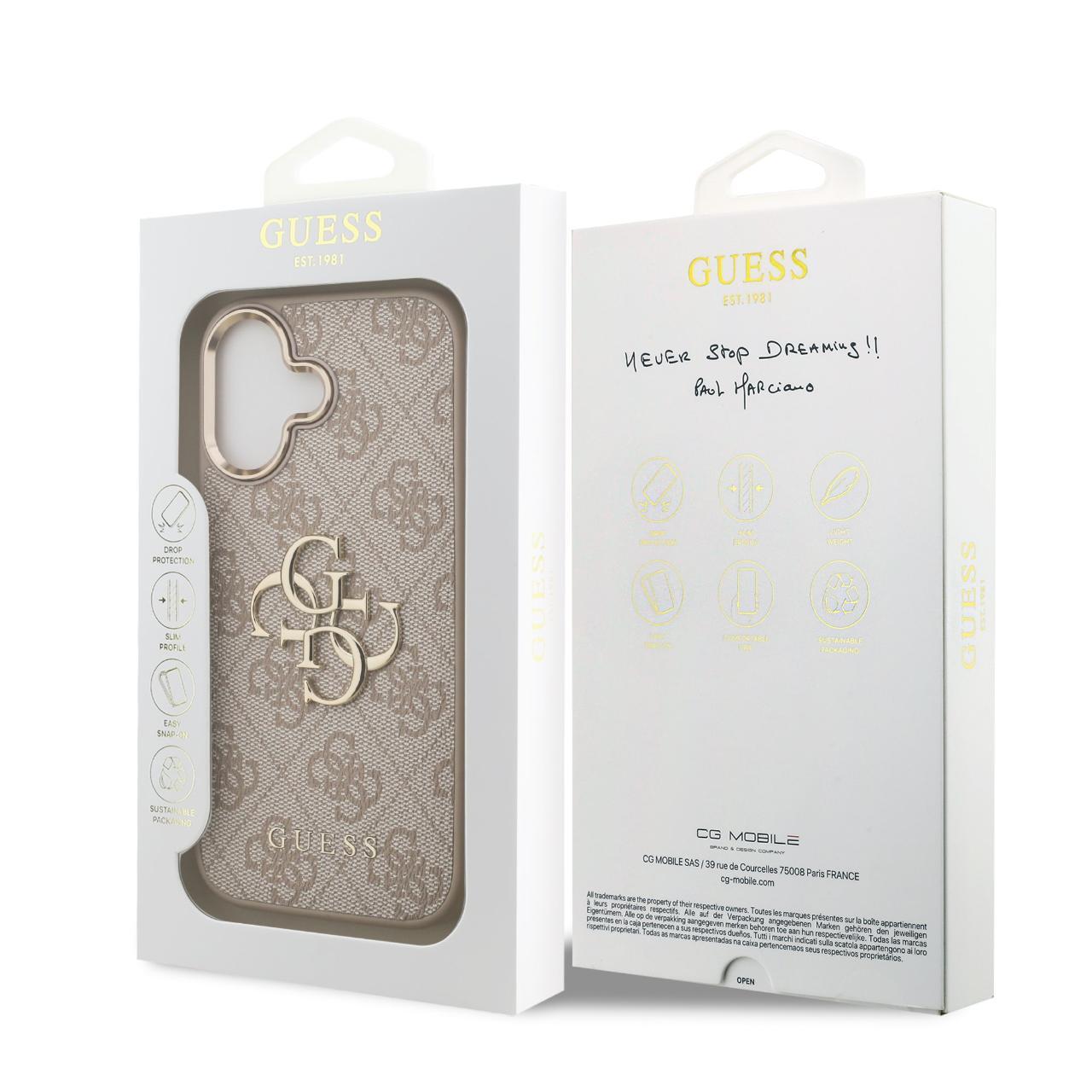 Husa Guess PU Leather 4G Metal Logo Gold Frame compatibila cu iPhone 17 Roz