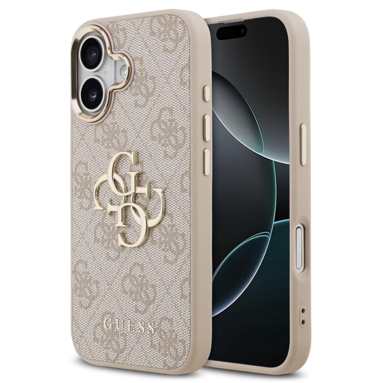 Husa Guess PU Leather 4G Metal Logo Gold Frame compatibila cu iPhone 17 Roz