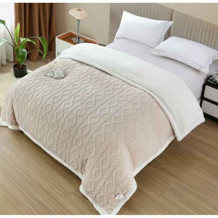 Patura Pufoasa Uni, Model Tricot cu Blanita, Crem, 200x230cm