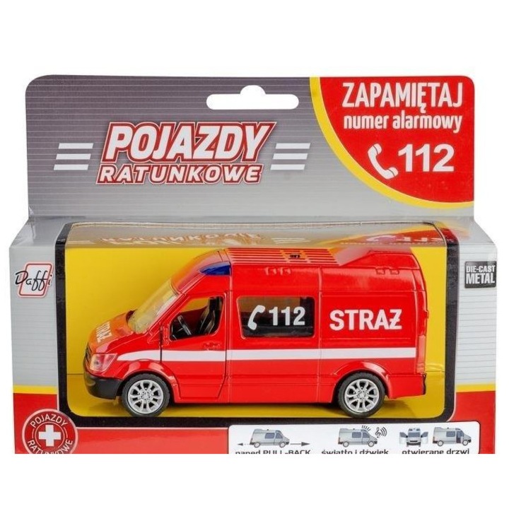 Mentőautó, DAFFI, fényeffektusokkal, piros, pull-back
