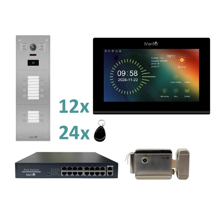 Kit VideoInterfon IP Smart Wireless, WiFi Mentor SYKT096B pentru 12 apartamente, 4in1 cu aplicatie, buton, tag si cheie, 2MP, FHD, IR, RJ45, POE, IP65, Linux - Panou Exterior incastrabil, 12xMonitor Touch 7" Color, Yala, POE