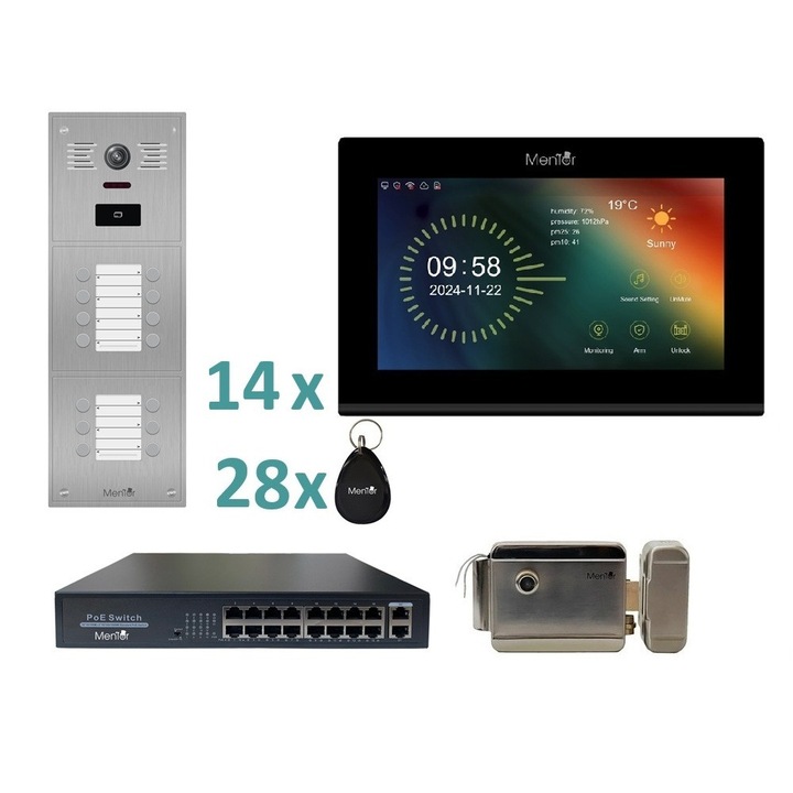 Kit VideoInterfon IP Smart Wireless, WiFi Mentor SYKT097B pentru 14 apartamente, 4in1 cu aplicatie, buton, tag si cheie, 2MP, FHD, IR, RJ45, POE, IP65, Linux - Panou Exterior incastrabil, 14xMonitor Touch 7" Color, Yala, POE
