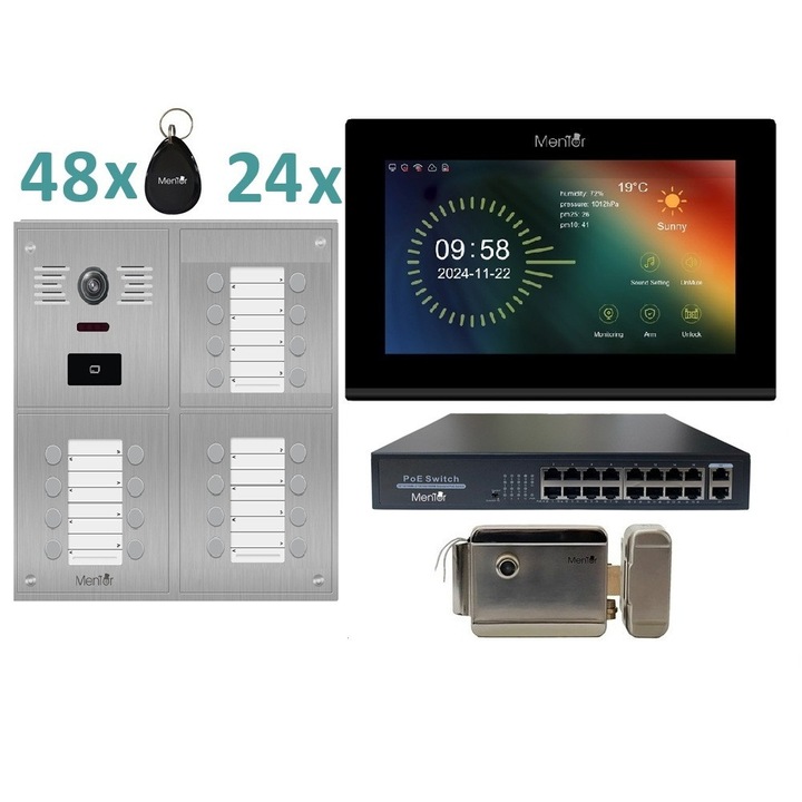 Kit VideoInterfon IP Smart Wireless, WiFi Mentor SYKT100B pentru 24 apartamente, 4in1 cu aplicatie, buton, tag si cheie, 2MP, FHD, IR, RJ45, POE, IP65, Linux - Panou Exterior incastrabil, 24xMonitor Touch 7" Color, Yala, 2xPOE