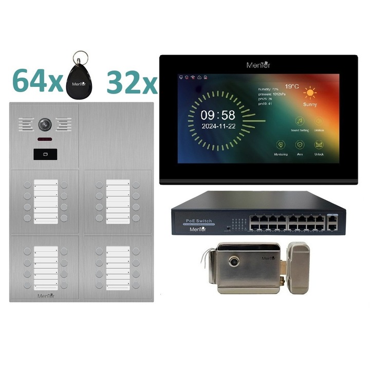 Kit VideoInterfon IP Smart Wireless, WiFi Mentor SYKT102B pentru 32 apartamente, 4in1 cu aplicatie, buton, tag si cheie, 2MP, FHD, IR, RJ45, POE, IP65, Linux - Panou Exterior incastrabil, 32xMonitor Touch 7" Color, Yala, 3xPOE
