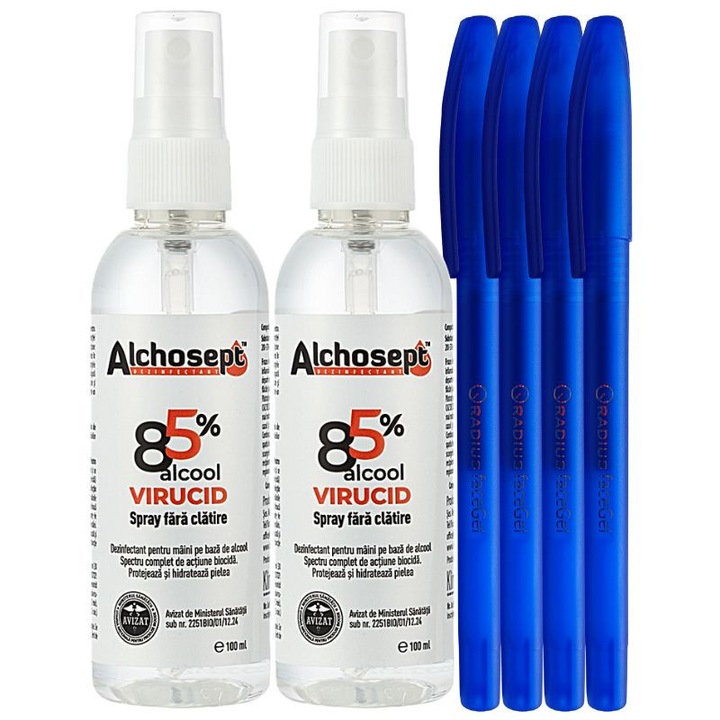 Set 2xDezinfectant ALCHOSEPT 100 ml–Pentru Maini si Tegumente, Eficient Impotriva Bacteriilor si Virusurilor si 4xPix Radius