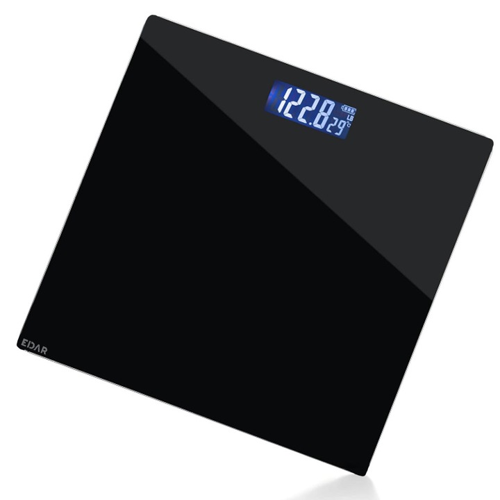 Електронен дигитален кантар за тяло EDAR, за баня, LCD дисплей, 150 кг, автоматично включване/изключване, закалено стъкло, противоплъзгащ, черен