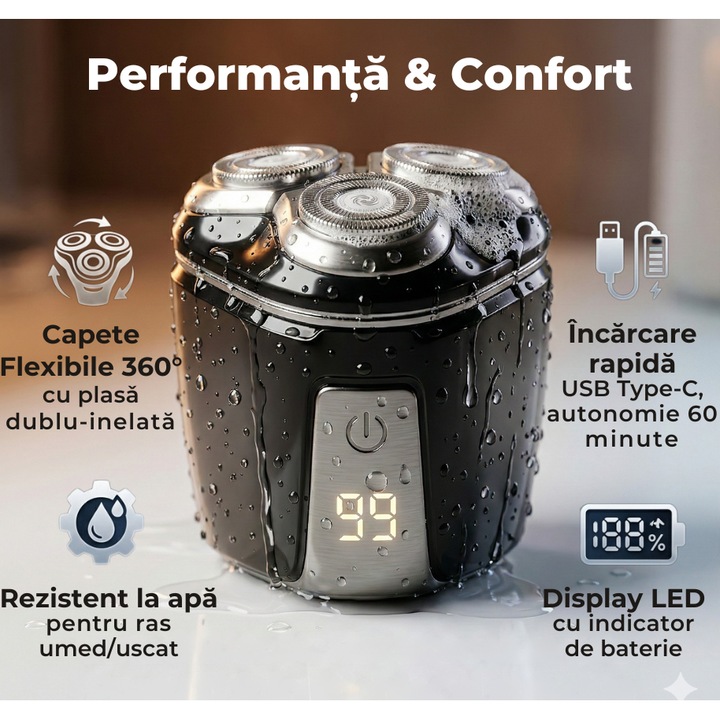 Aparat de Ras Electric, DALORY, Type-C, Afisaj LCD, Autonomie 60 Min, Incarcare Rapida, Aparat Ras cu Utilizare Umed si Uscat, Shaver cu Capete Flexibile, Cap Magnetic + Cap de Rezerva, Negru