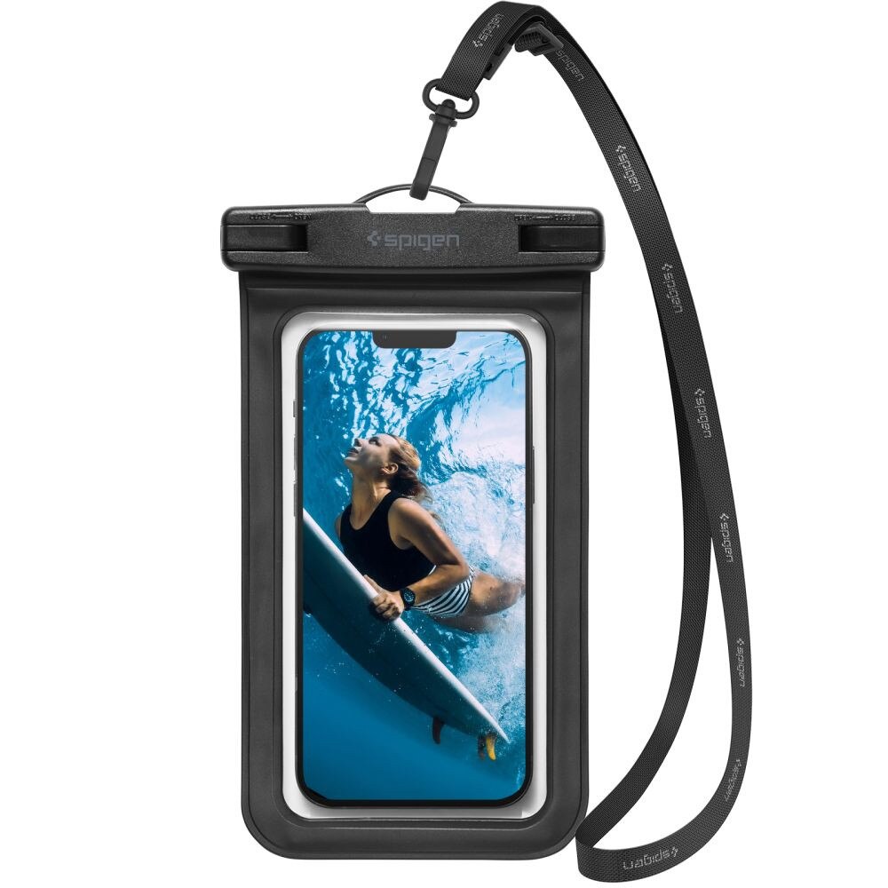 Etui wodoszczelne Spigen A601, negru, pentru smartphone-uri pana la 6,9", cu snur reglabil