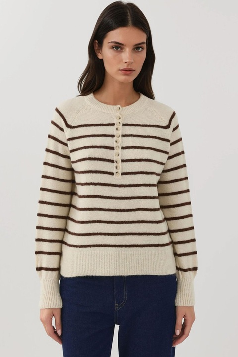 Pulover dama HiCCUP, cu guler cu nasturi, model cu dungi, tricot, Fildes Natural, S-M