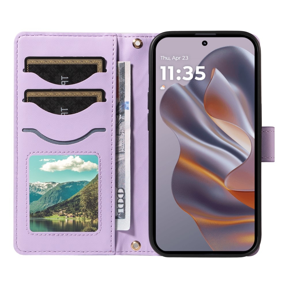 Etui cu clapeta pentru Motorola Edge 50 Neo / Motorola ThinkPhone 25, piele ecologica, violet, cu functie de suport, set cu curea de mana