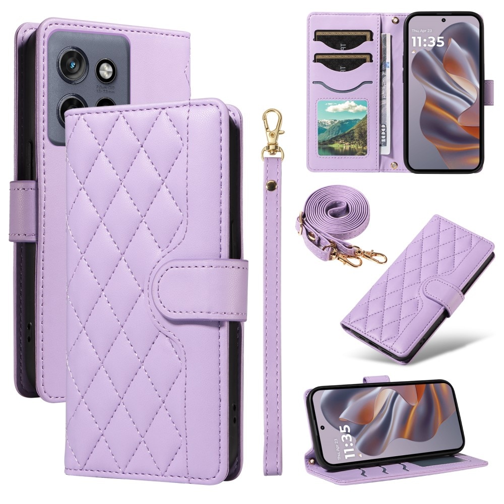 Etui cu clapeta pentru Motorola Edge 50 Neo / Motorola ThinkPhone 25, piele ecologica, violet, cu functie de suport, set cu curea de mana